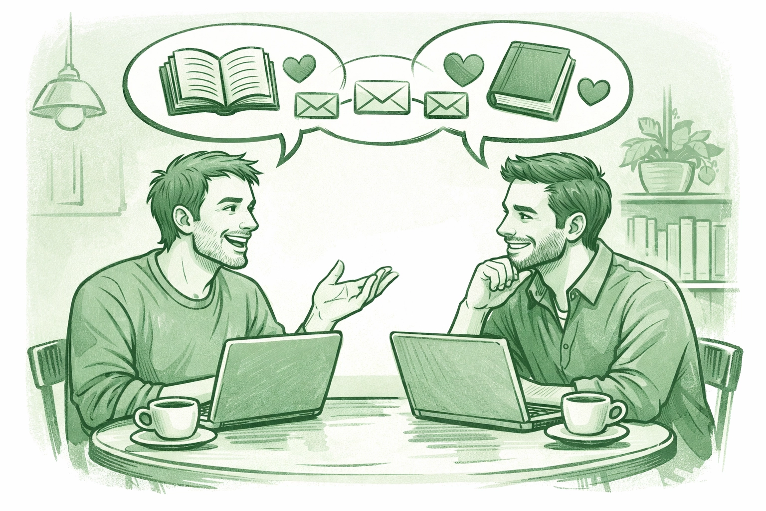 Reader and author discussing gay romance books, building direct connection in community setting