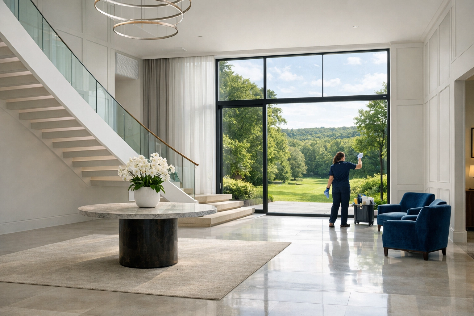 Professional residential cleaning Massachusetts team providing discreet service in a grand Dover estate foyer.