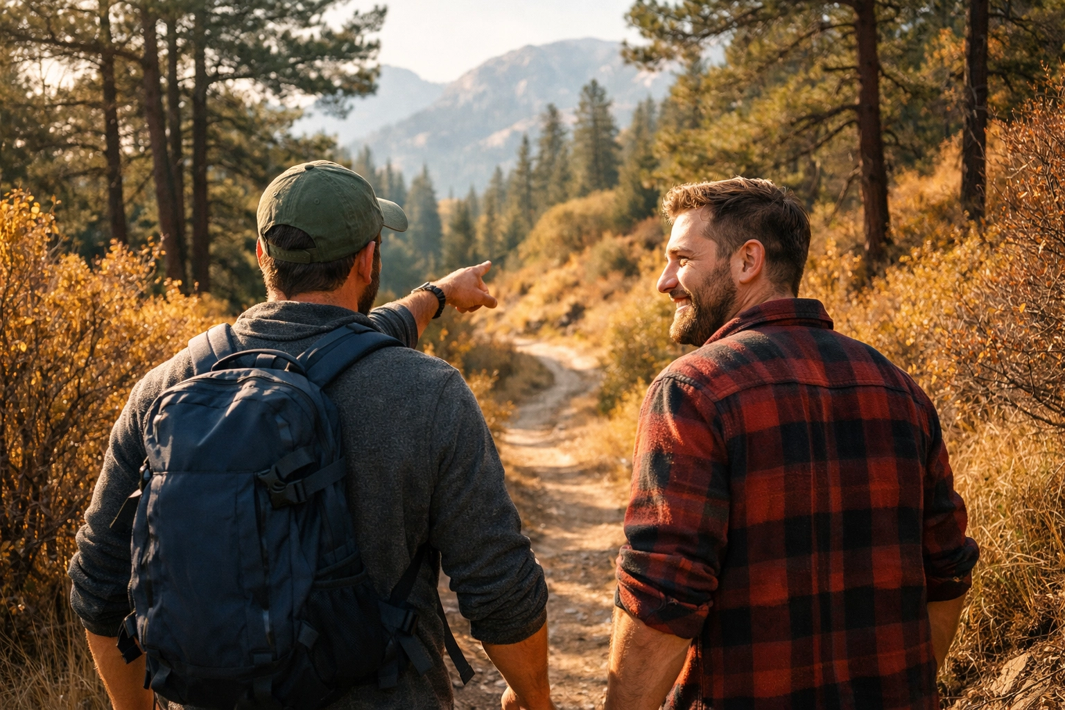 Two men hiking together on Denver mountain trail in Colorado