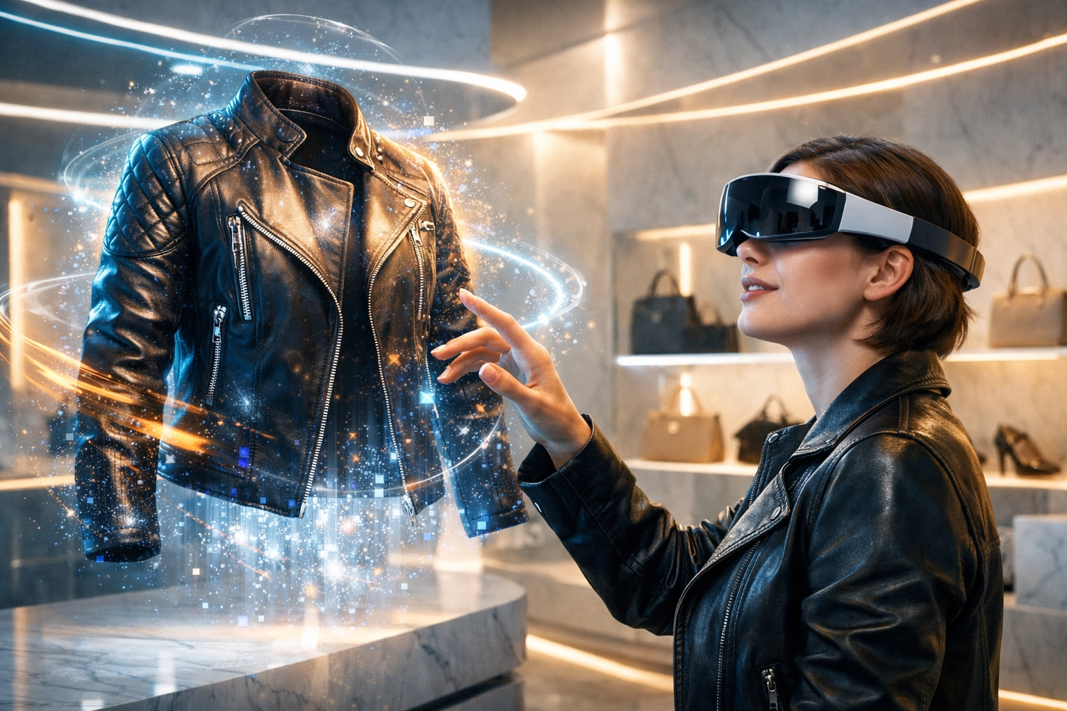 A person interacting with a holographic fashion display in a futuristic metaverse shopping environment powered by Larecoin.ai.