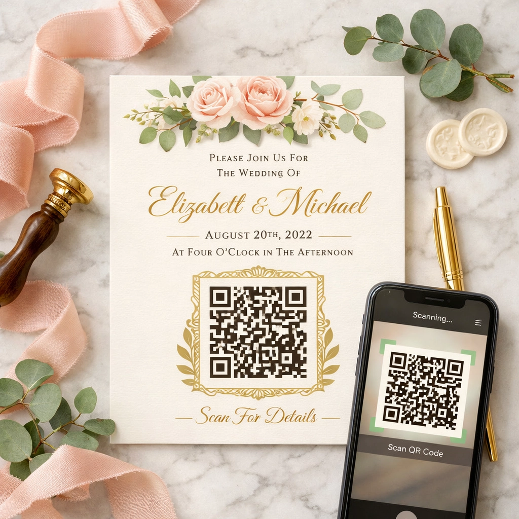 Wedding invitation with QR code for digital RSVP and guest contributions