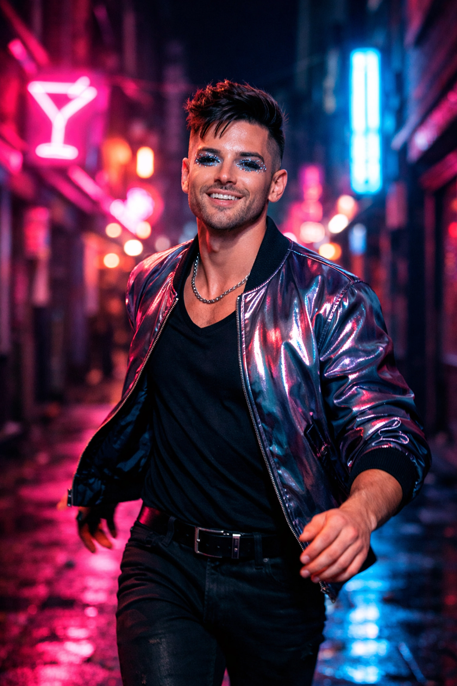 Confident gay man strutting under neon lights, representing high-energy queer empowerment.