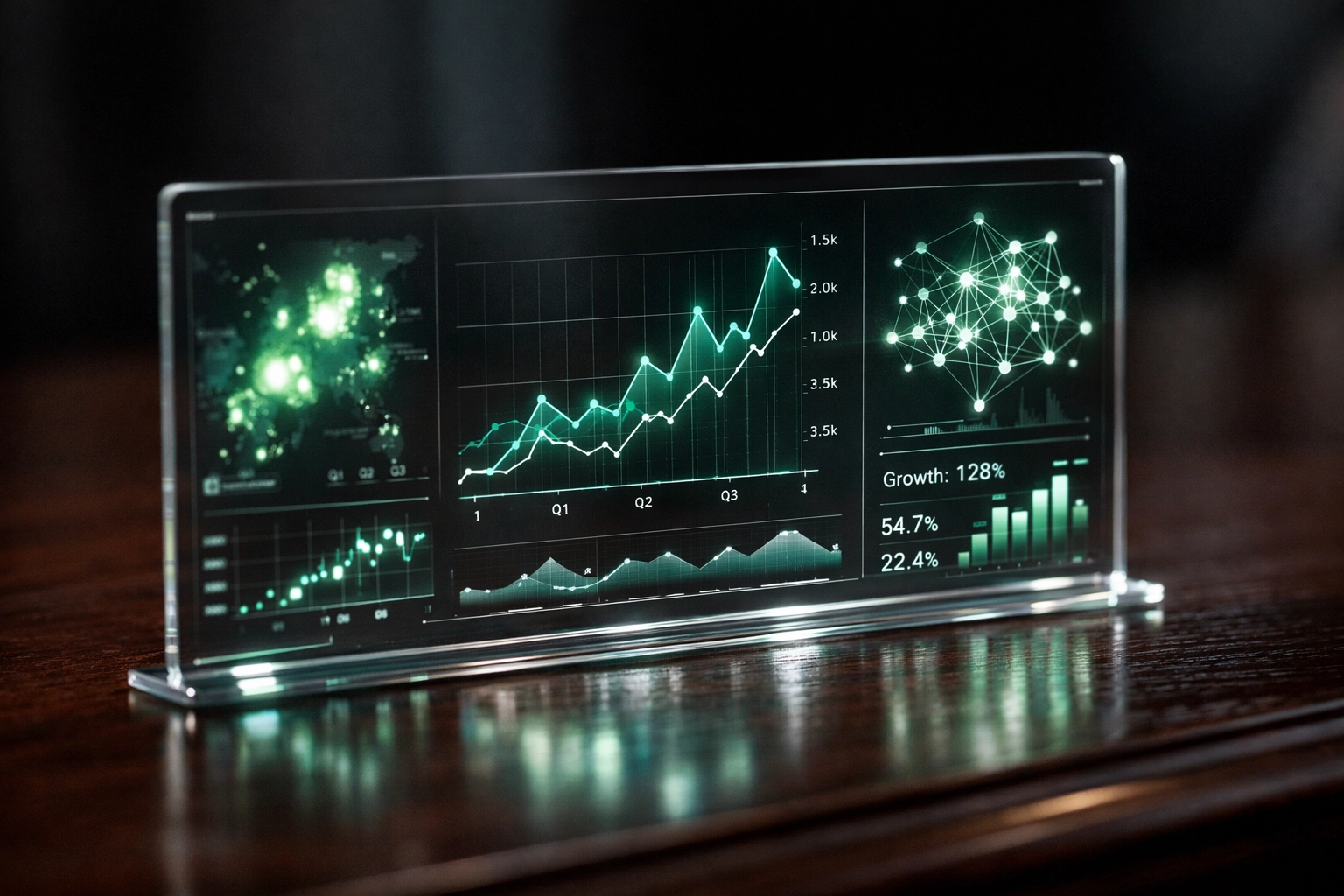 Holographic data dashboard showing talent metrics and growth analytics for private equity due diligence.
