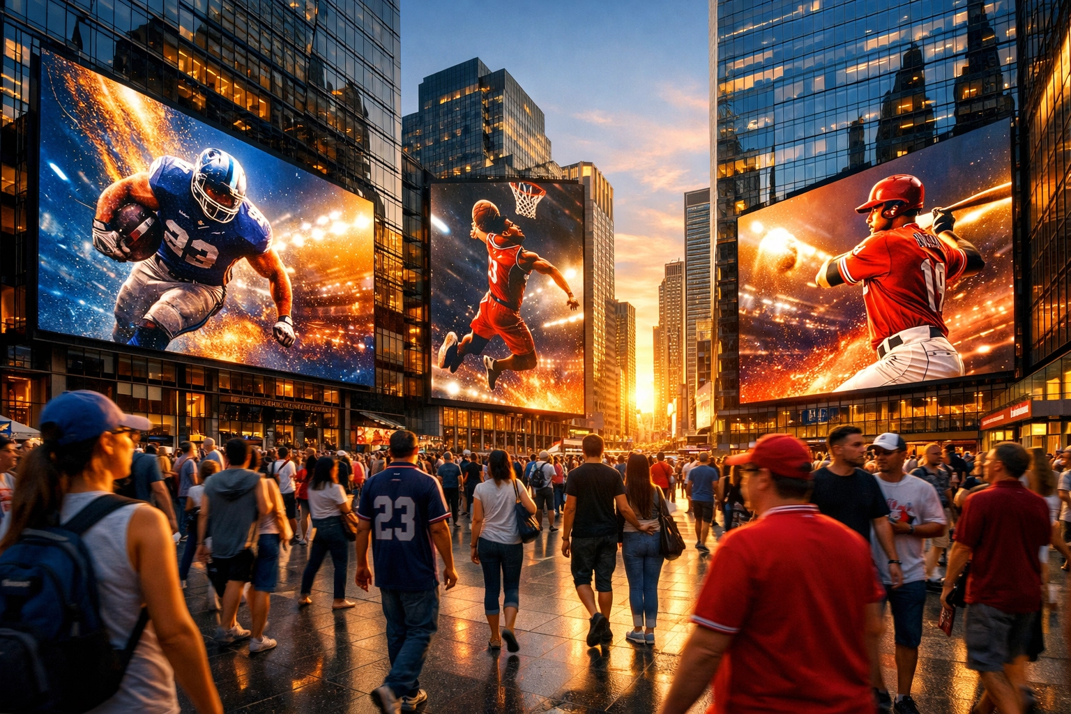 Vibrant digital OOH advertising screens in a city center capturing the attention of Super Bowl fans.
