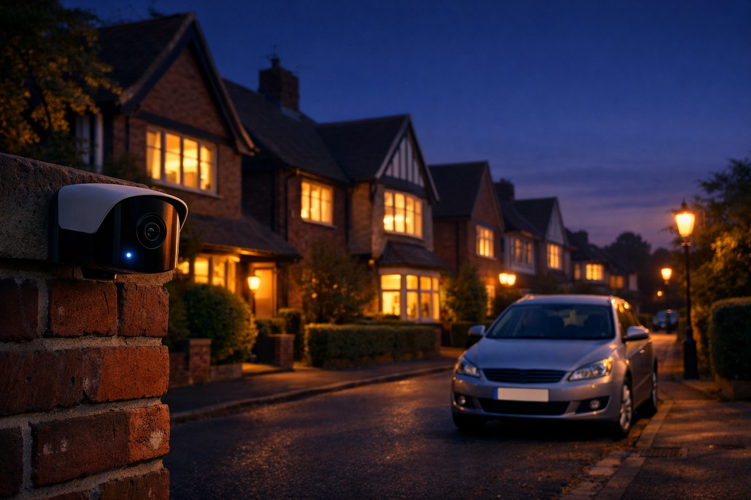 Discrete home security camera protecting a peaceful Fareham residential street at twilight.
