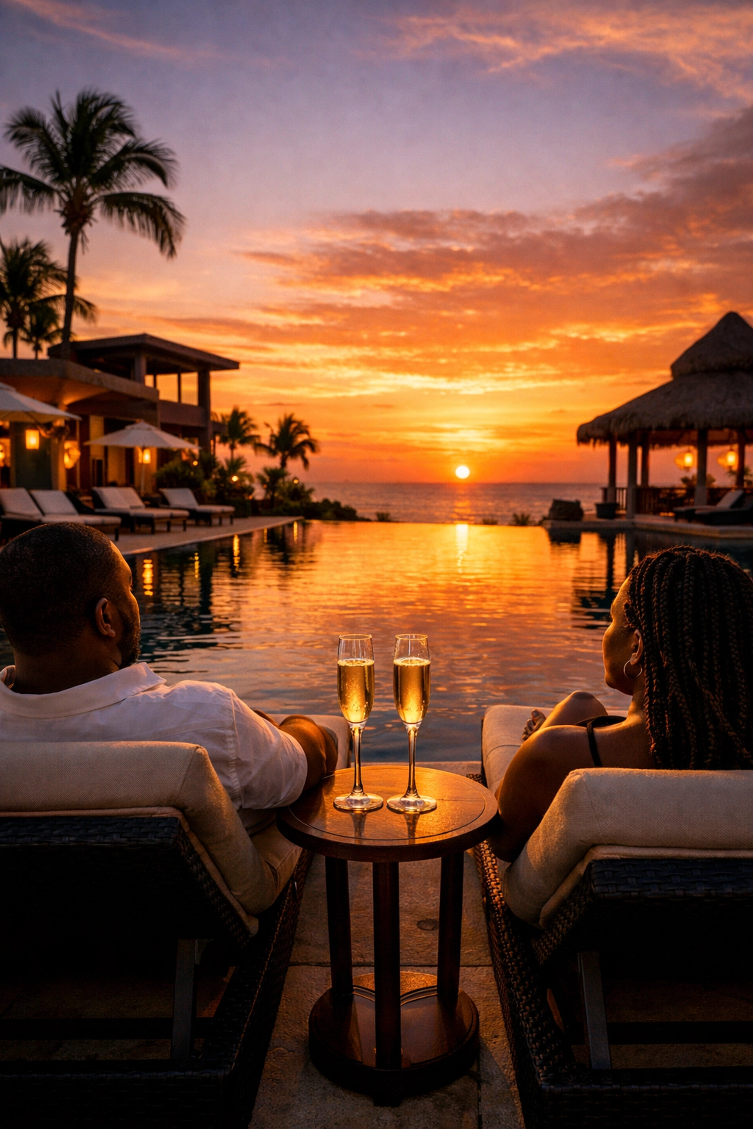 Couple enjoying sunset at luxury adults-only resort infinity pool with champagne on romantic getaway