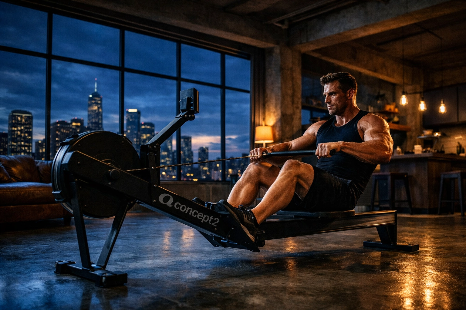 Athlete using rowing machine in rental apartment loft - portable cardio equipment