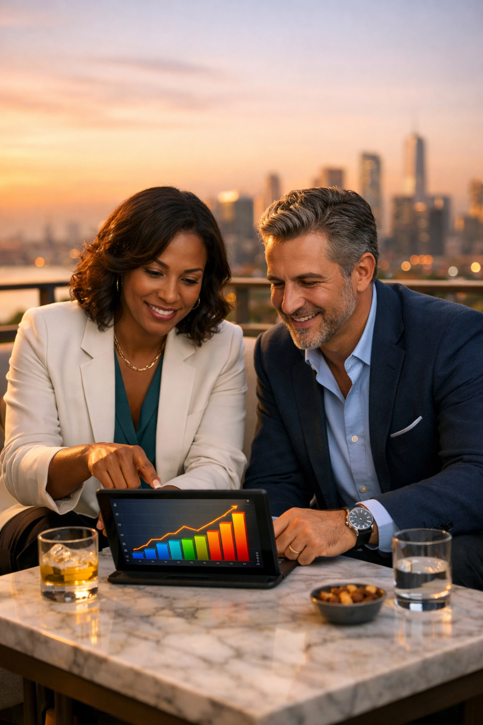 Business leaders analyzing growth data at a rooftop lounge after successful corporate networking.