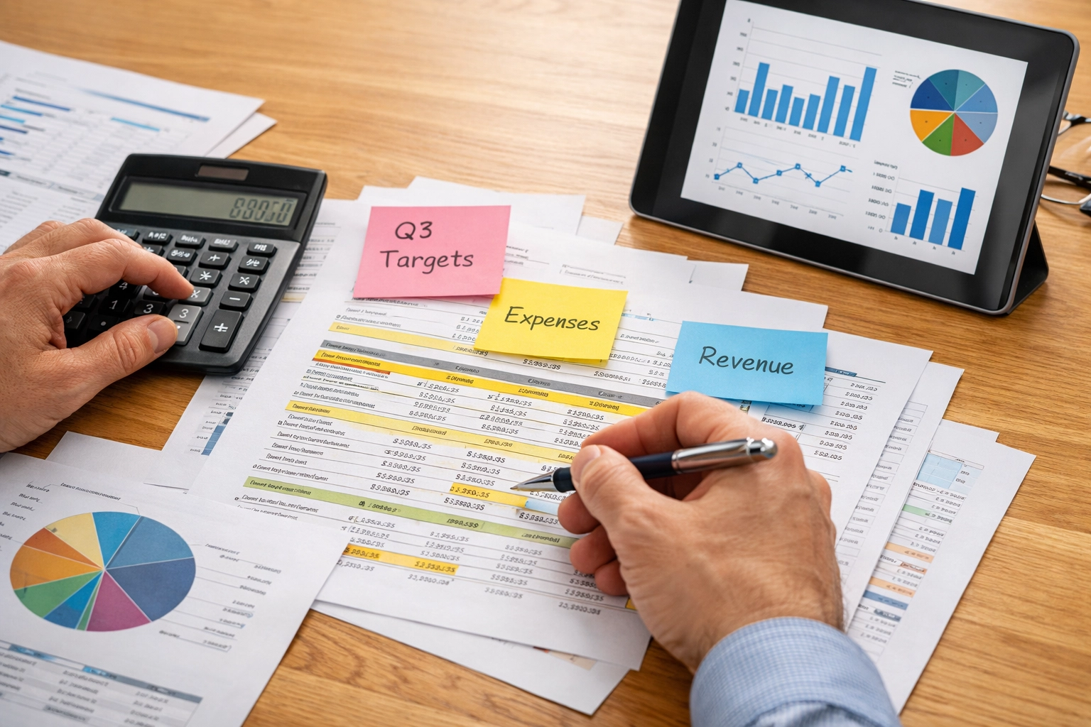 ServiceNow implementation budget planning with financial documents and calculator