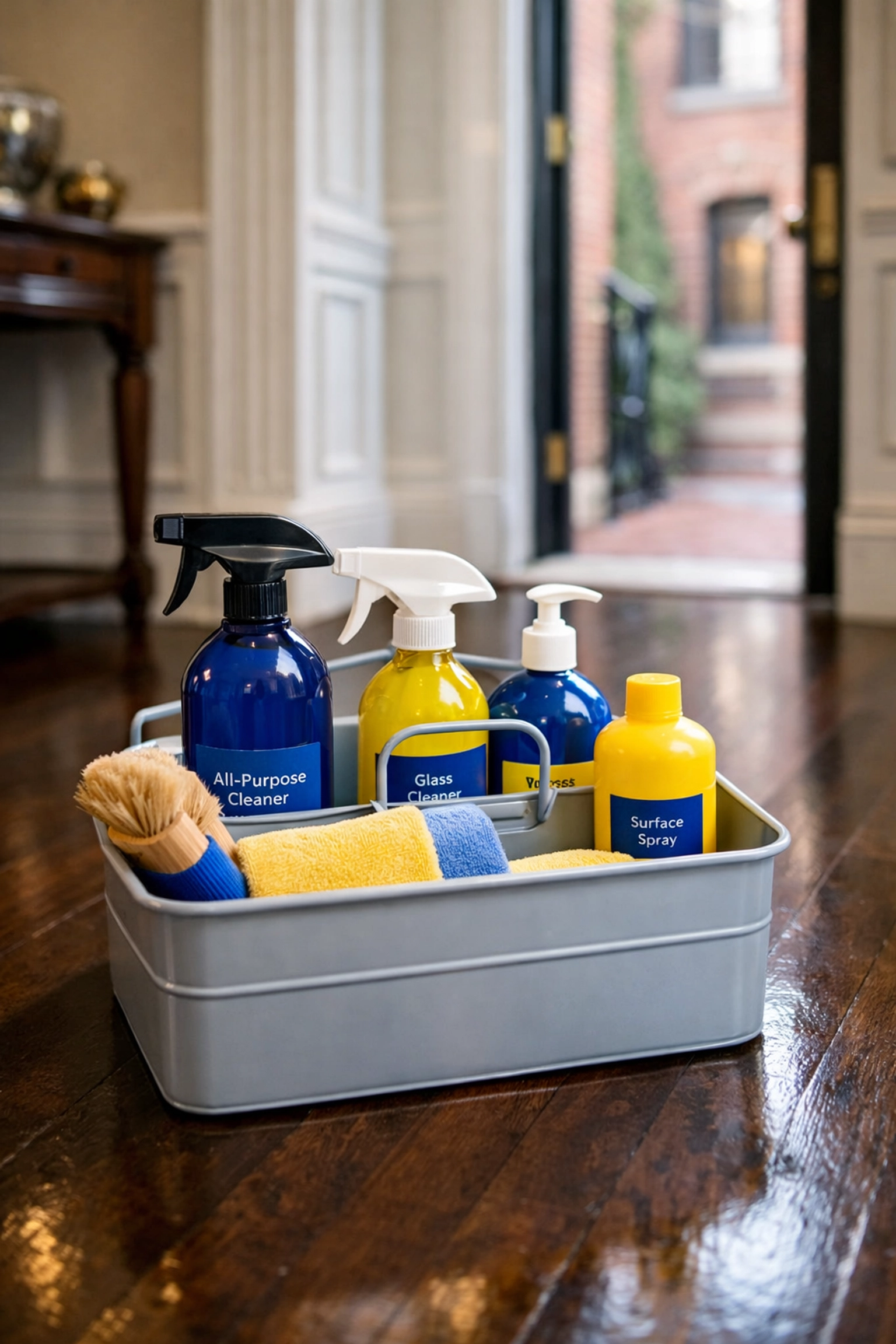 Organized eco-friendly cleaning supplies ready for a professional move-in cleaning in Boston.