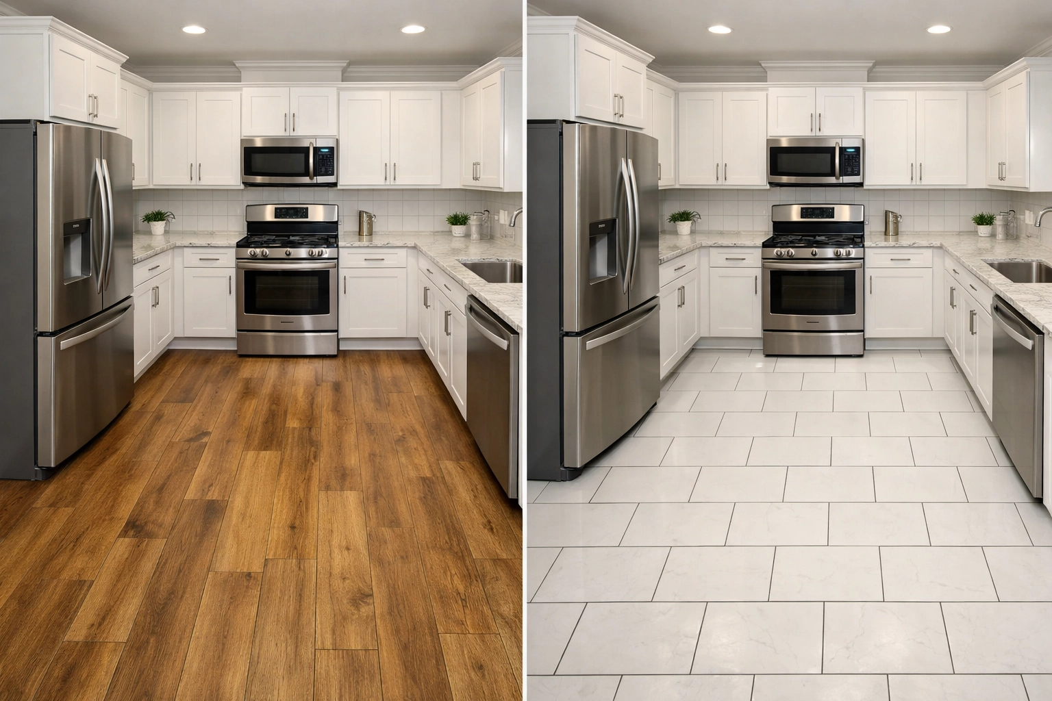 Side-by-side comparison of LVP and tile flooring options in Orlando kitchen