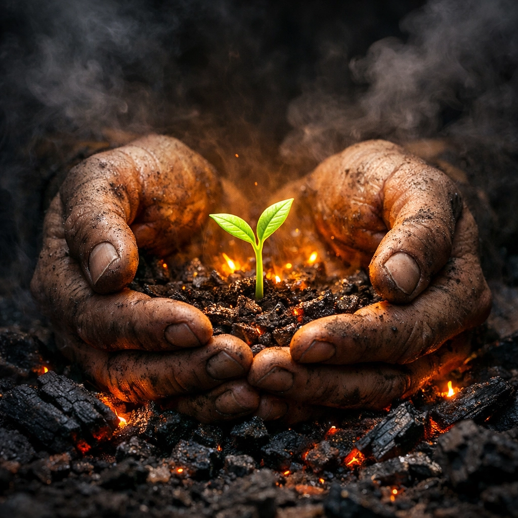 Protective hands nurturing a glowing sprout in smoke to represent staying present during emotional conflict.