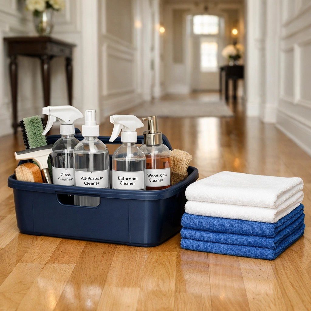Professional eco-friendly cleaning supplies ready for luxury house cleaning in Wayland MA on polished hardwood floors.