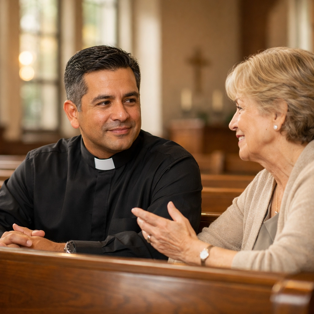 Hispanic pastor in clerical collar receiving mentorship for character-first ministry readiness at a local church.