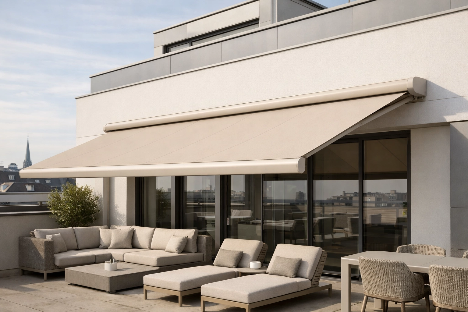 Maßgefertigte Kassettenmarkise auf moderner Terrasse in Wien montiert