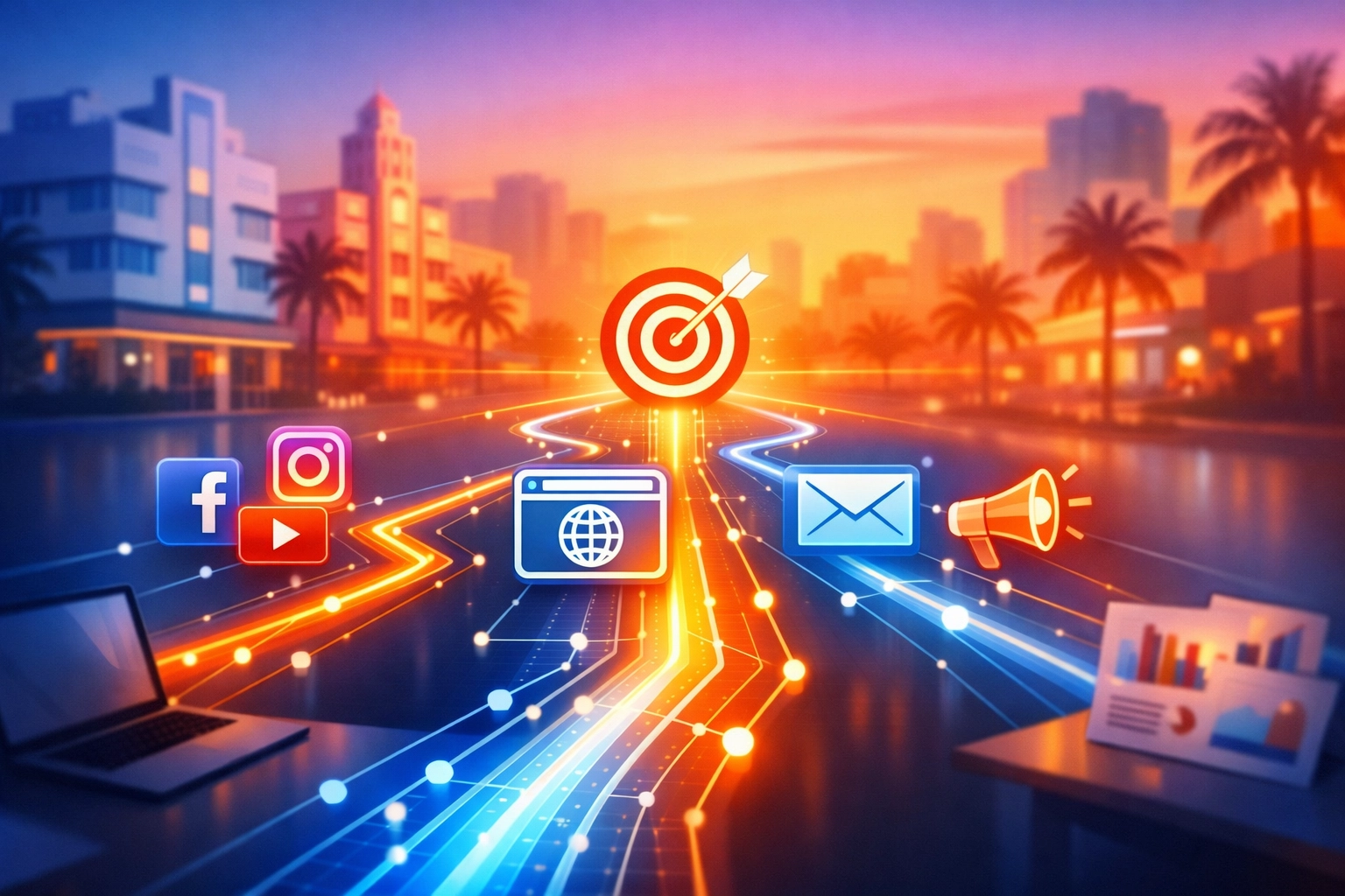 Strategic marketing roadmap showing integrated channels and data-driven approach for Miami businesses