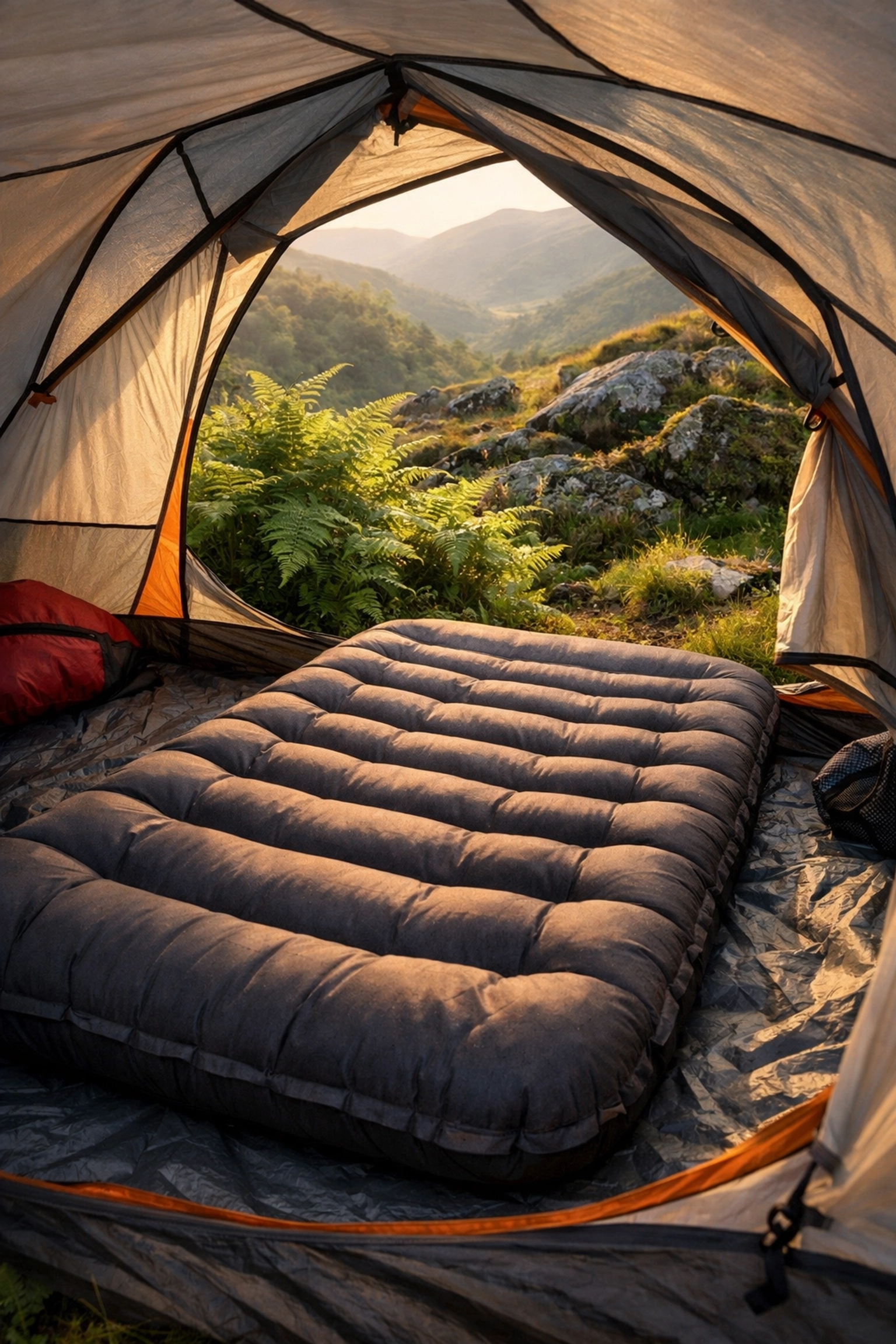 Comfortable inflatable sleeping pad inside a tent for a camping adventure UK.