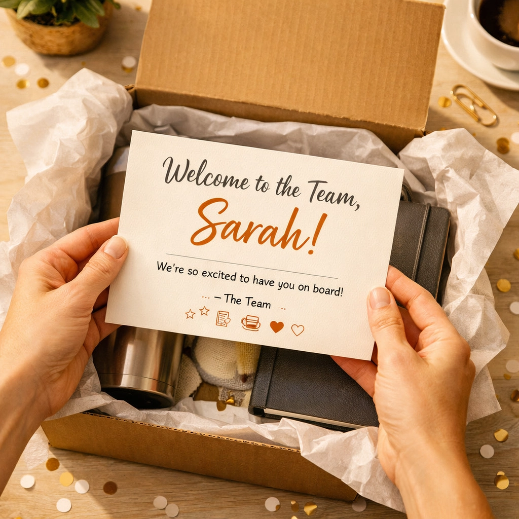 Unboxing personalized employee welcome kit with custom card and branded office items