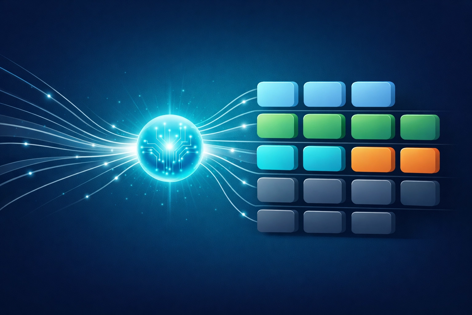 Vector illustration of an AI engine organizing SaaS product data into a structured comparison table for LLM analysis.