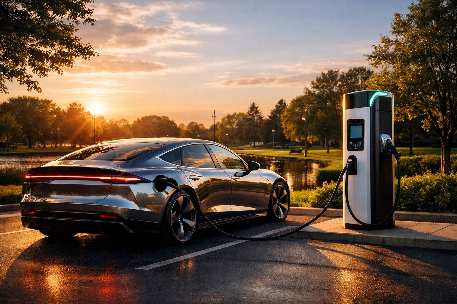 Futuristic electric vehicle at a charging station representing sustainable branding and the future of transportation.