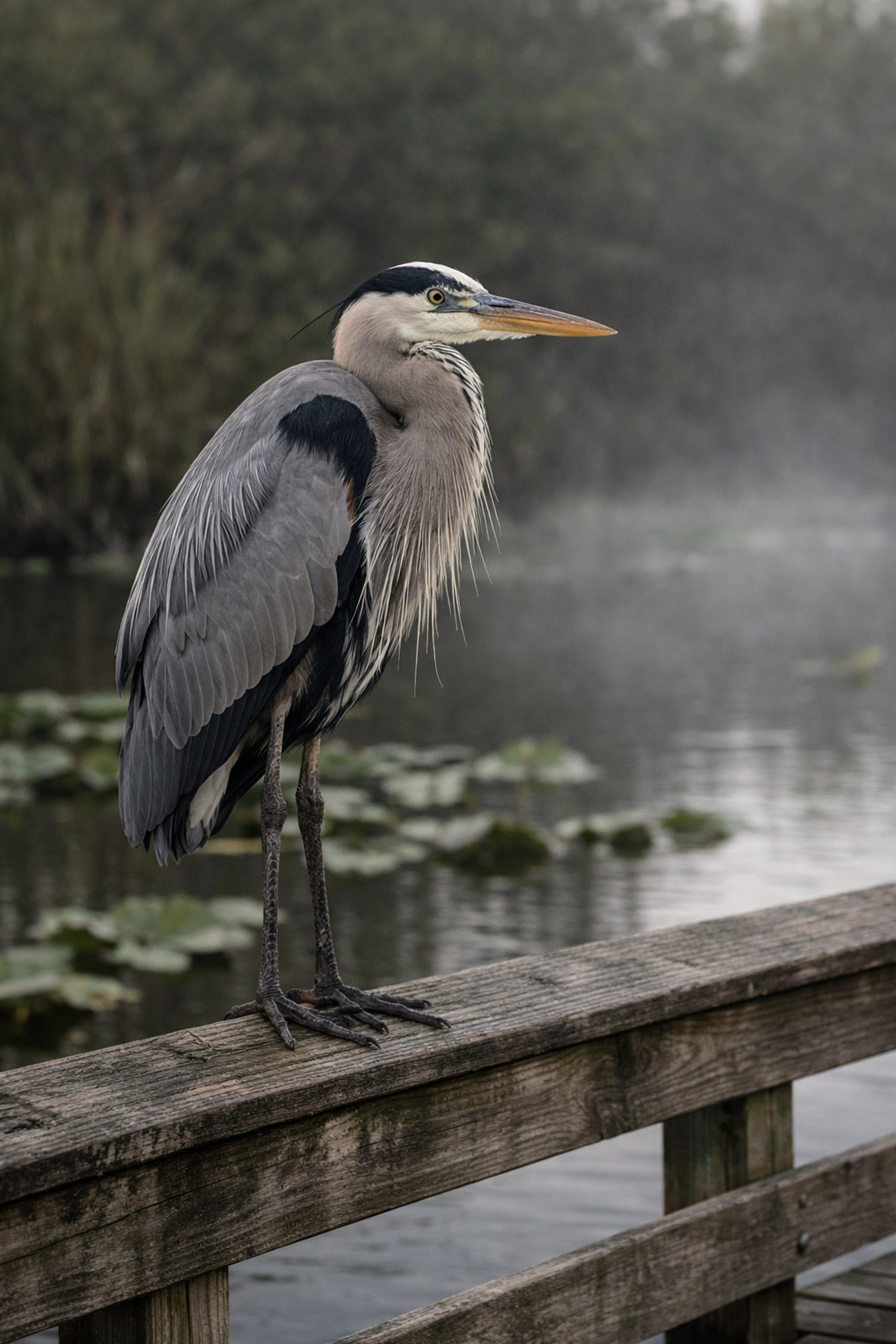 Great Blue Heron perched at Anhinga Trail, a premier site for wildlife photography in the Everglades.