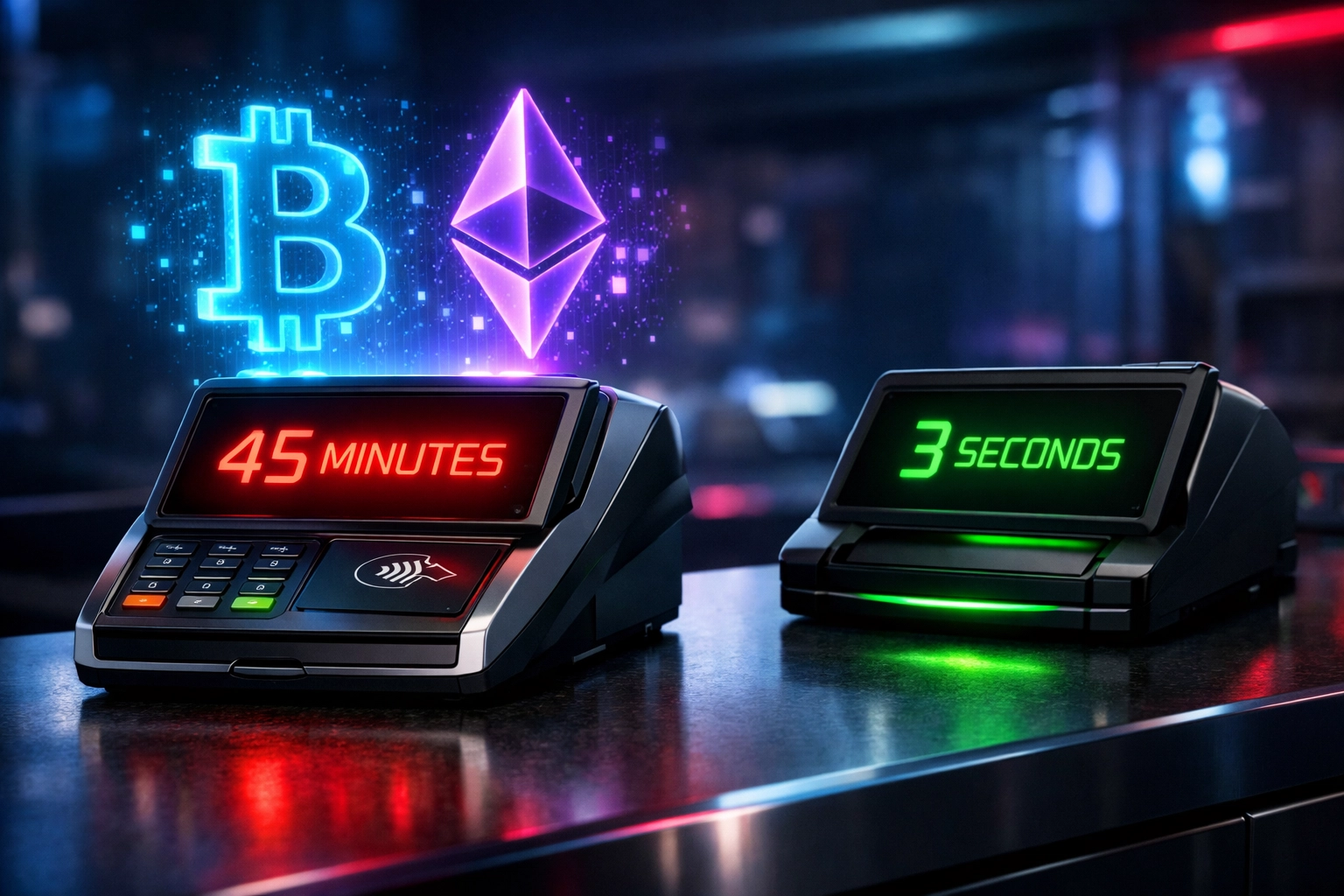 Crypto POS terminals comparing transaction speeds: traditional 45 minutes vs instant 3 seconds