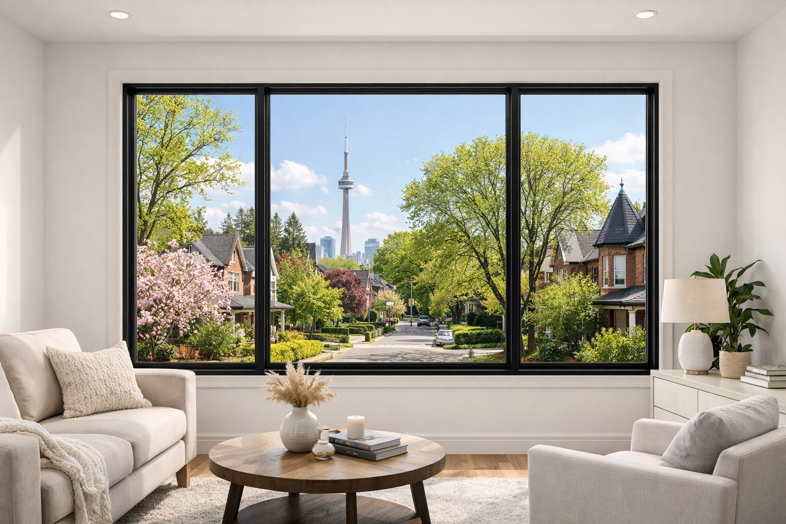 Newly installed energy-efficient black window frame in a modern Toronto living room.