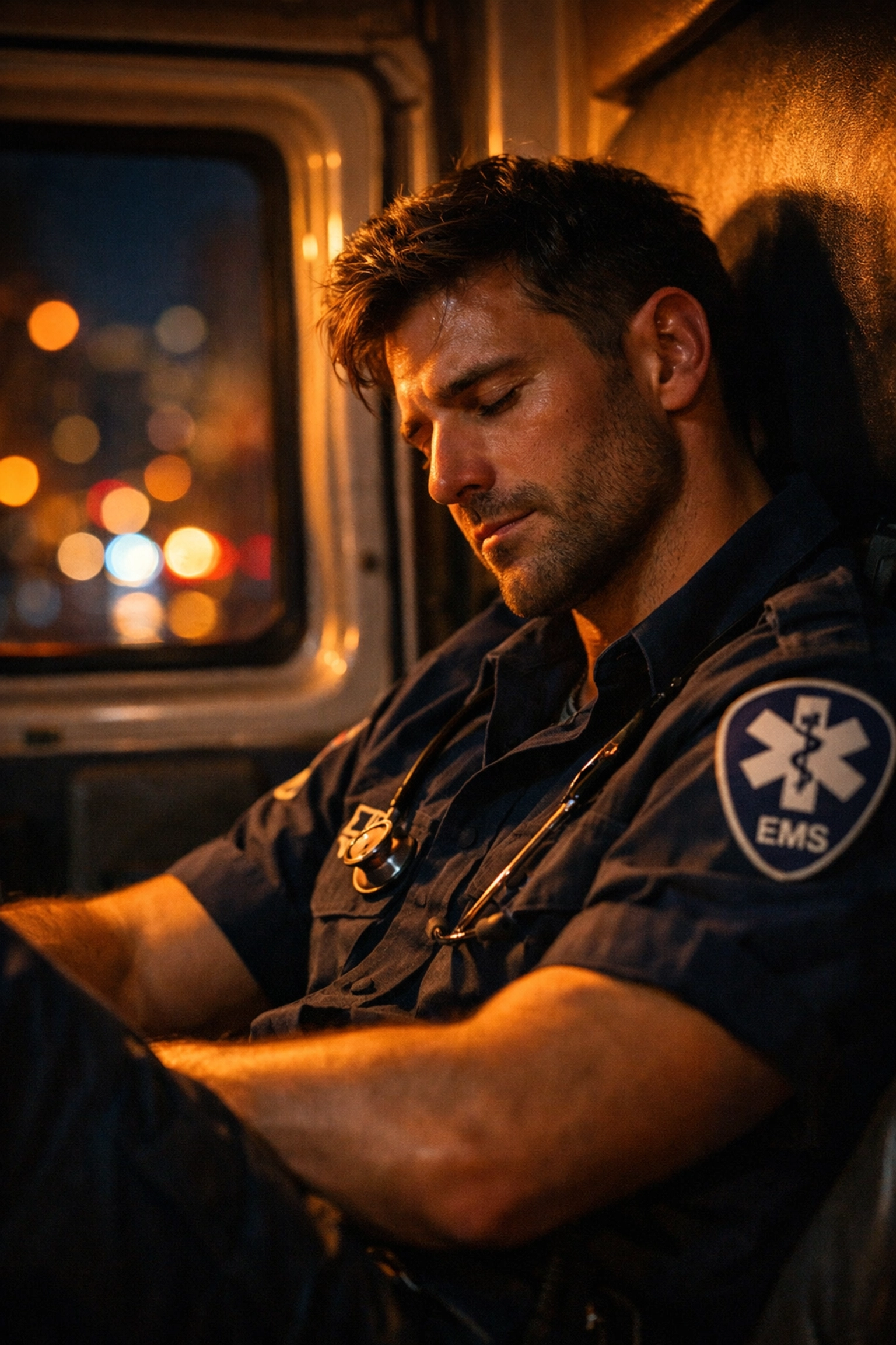 Gay paramedic during night shift in ambulance - MM romance uniform fantasy