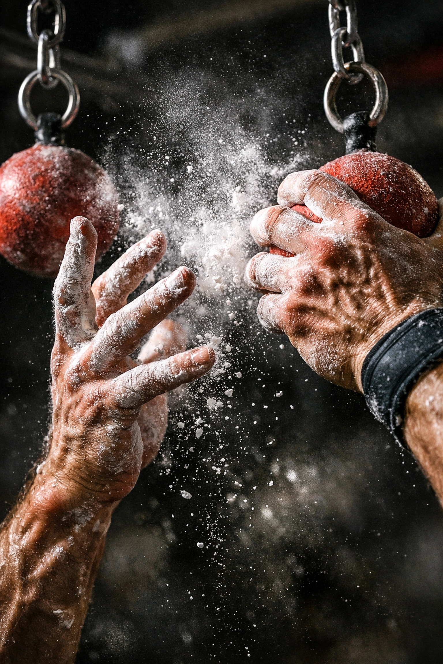 Close-up of chalk-covered hands on hanging grips for home calisthenics and ninja warrior training.