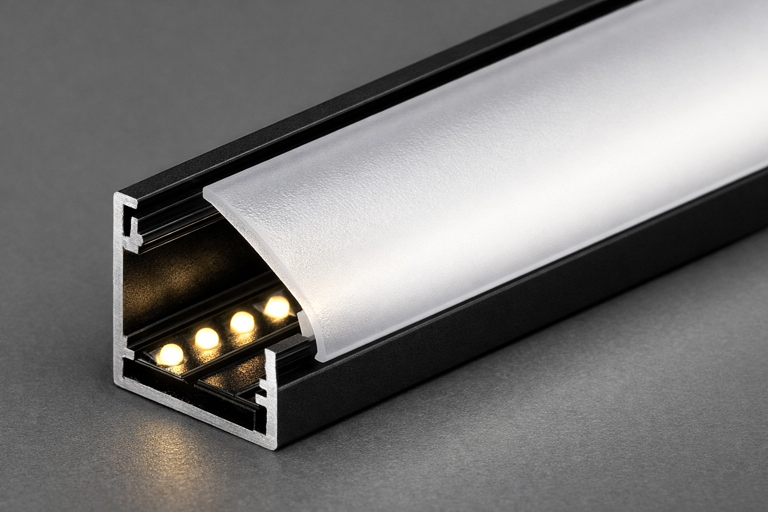 Frosted diffuser lens in an aluminum LED profile for a dot-free look.