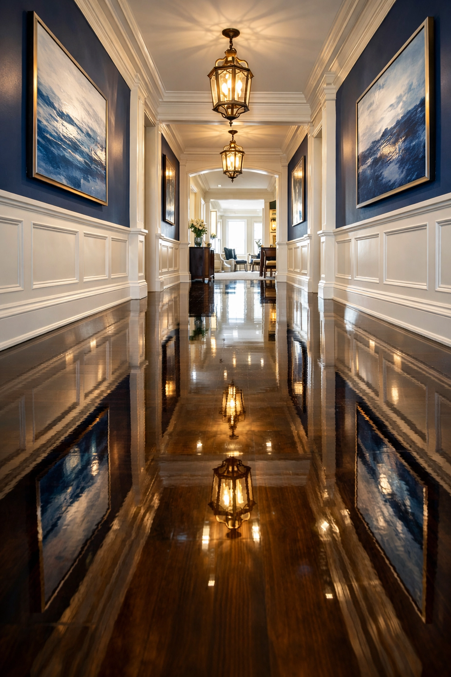 Polished dark hardwood floors in a hallway, demonstrating the benefits of recurring house cleaning for home preservation.