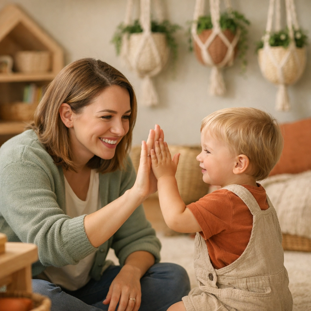 A nurturing educator giving a high-five to a toddler in our safe and secure Liverpool facility.