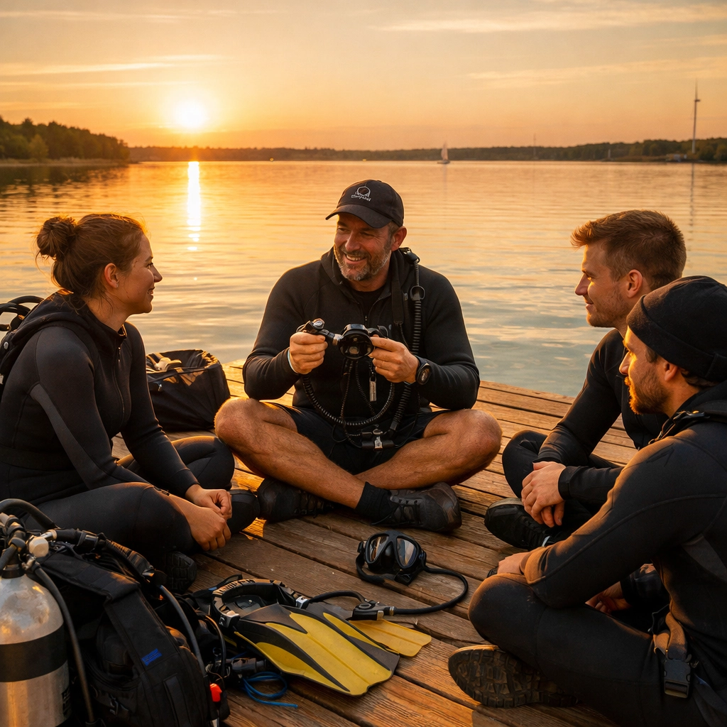 Kleine Tauchgruppe mit Instruktor am Goitzschesee bei individueller Kursbetreuung
