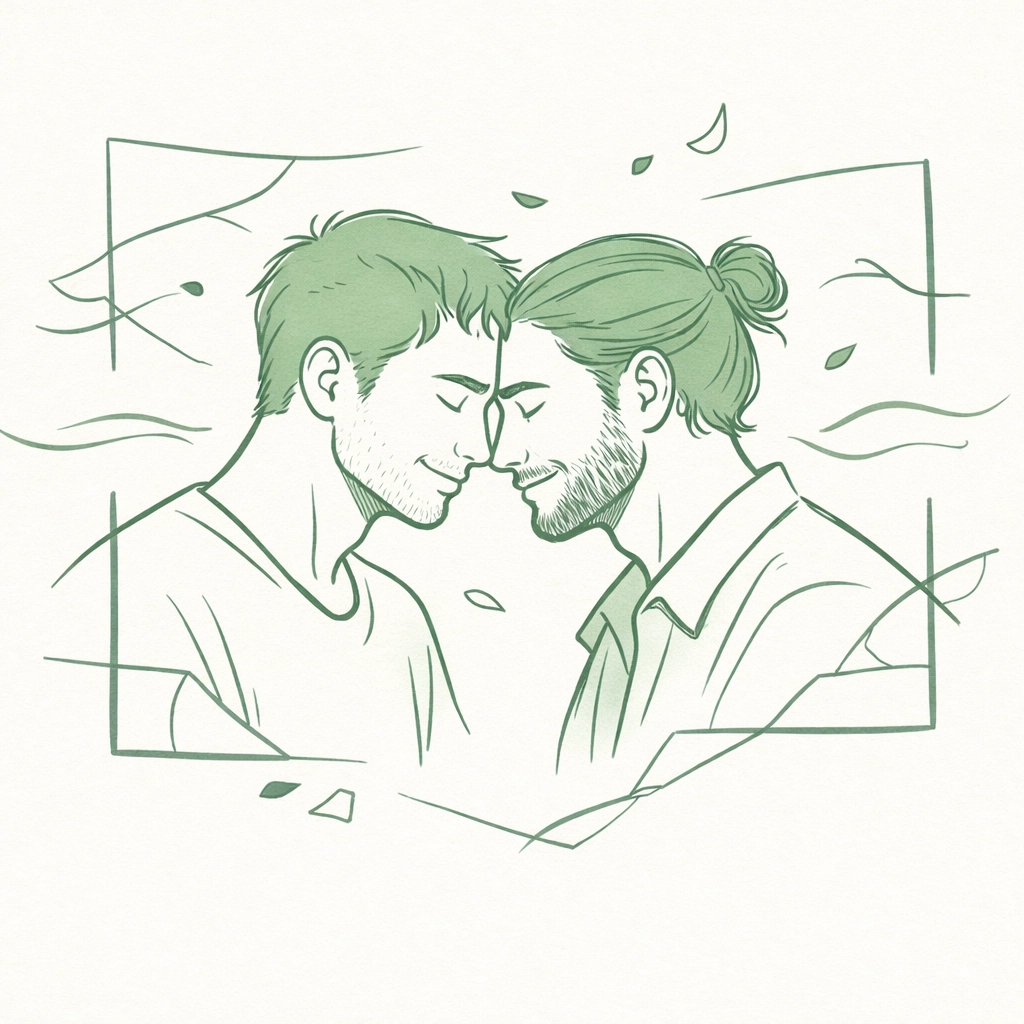 Minimalist illustration of two men sharing a heartfelt moment of gender identity validation.