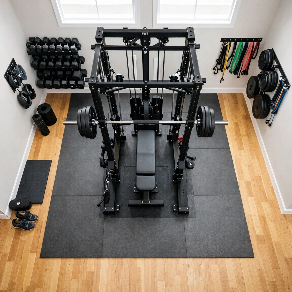 Home gym layout showing floor-to-ceiling training system maximizing floor space for workouts