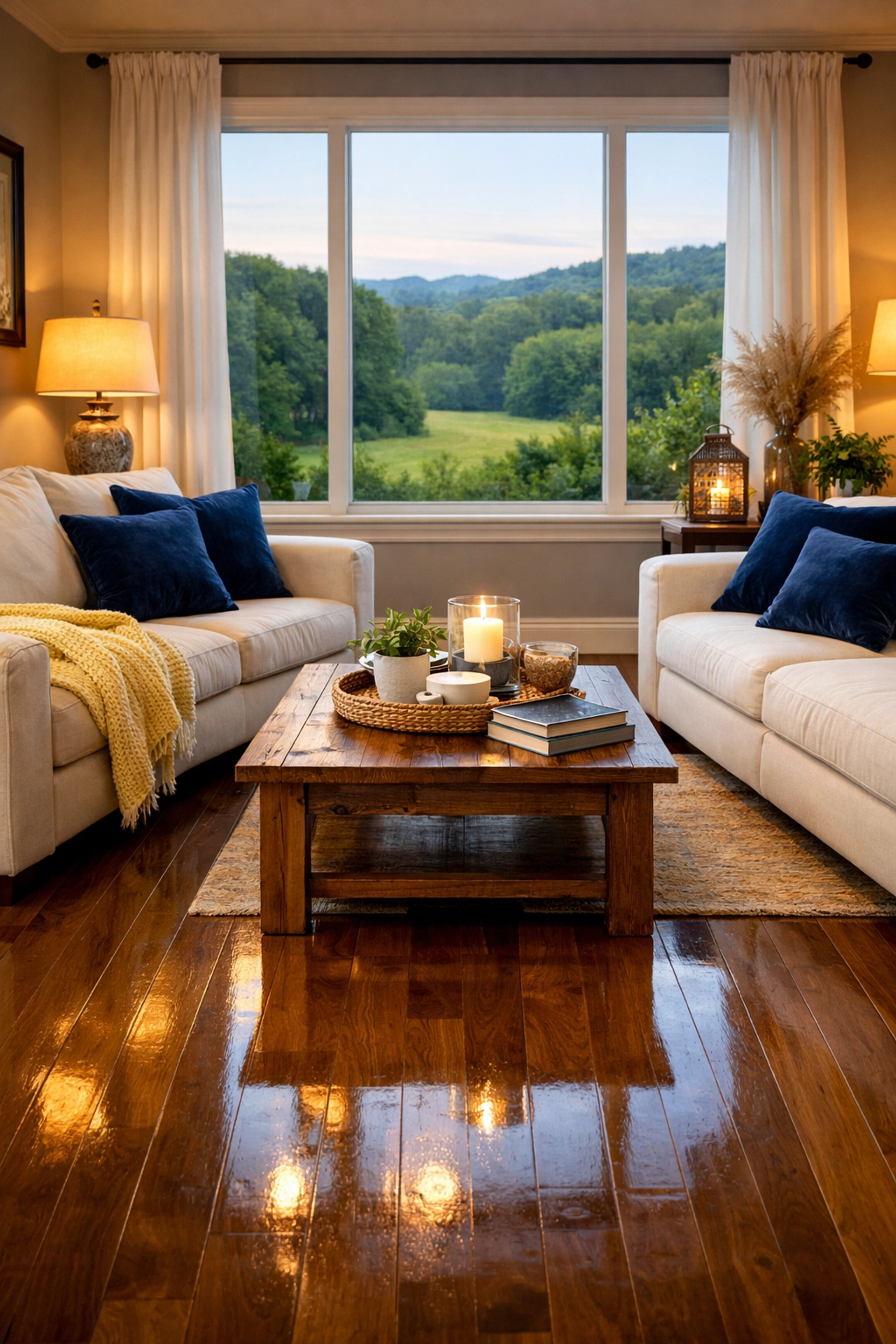 Clean living room with polished hardwood floors, showcasing deep house cleaning Sterling MA results.