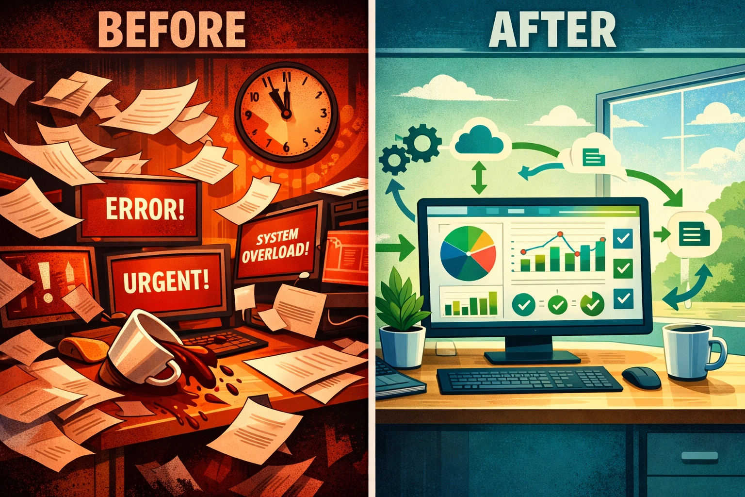 Before and after AI business automation: chaos versus organized workflow