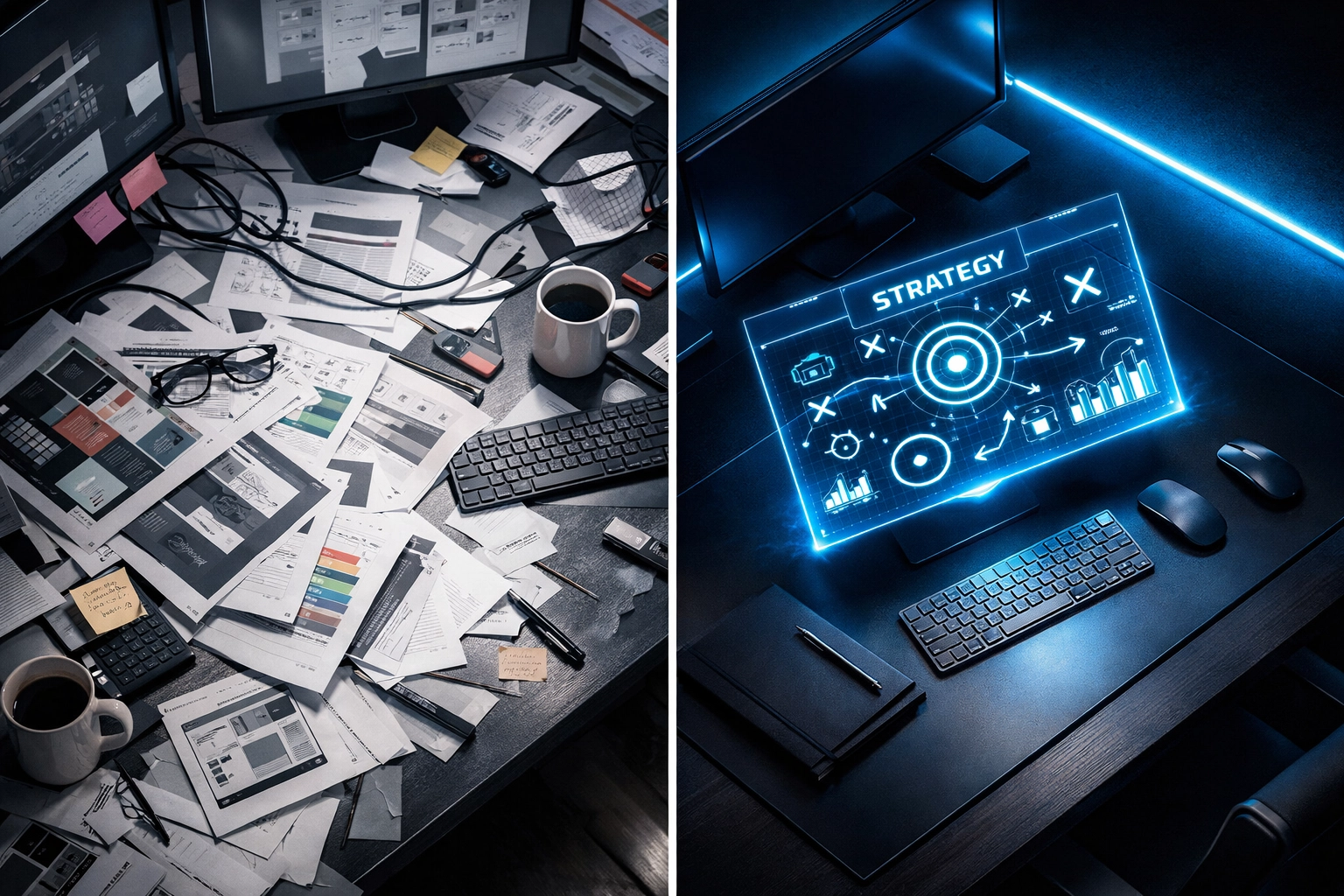 Website redesign strategy comparison showing organized planning versus chaotic approach