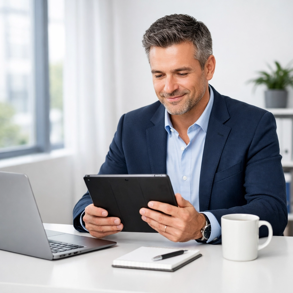 Focused business owner managing a productive schedule of qualified MSP leads in a modern office.