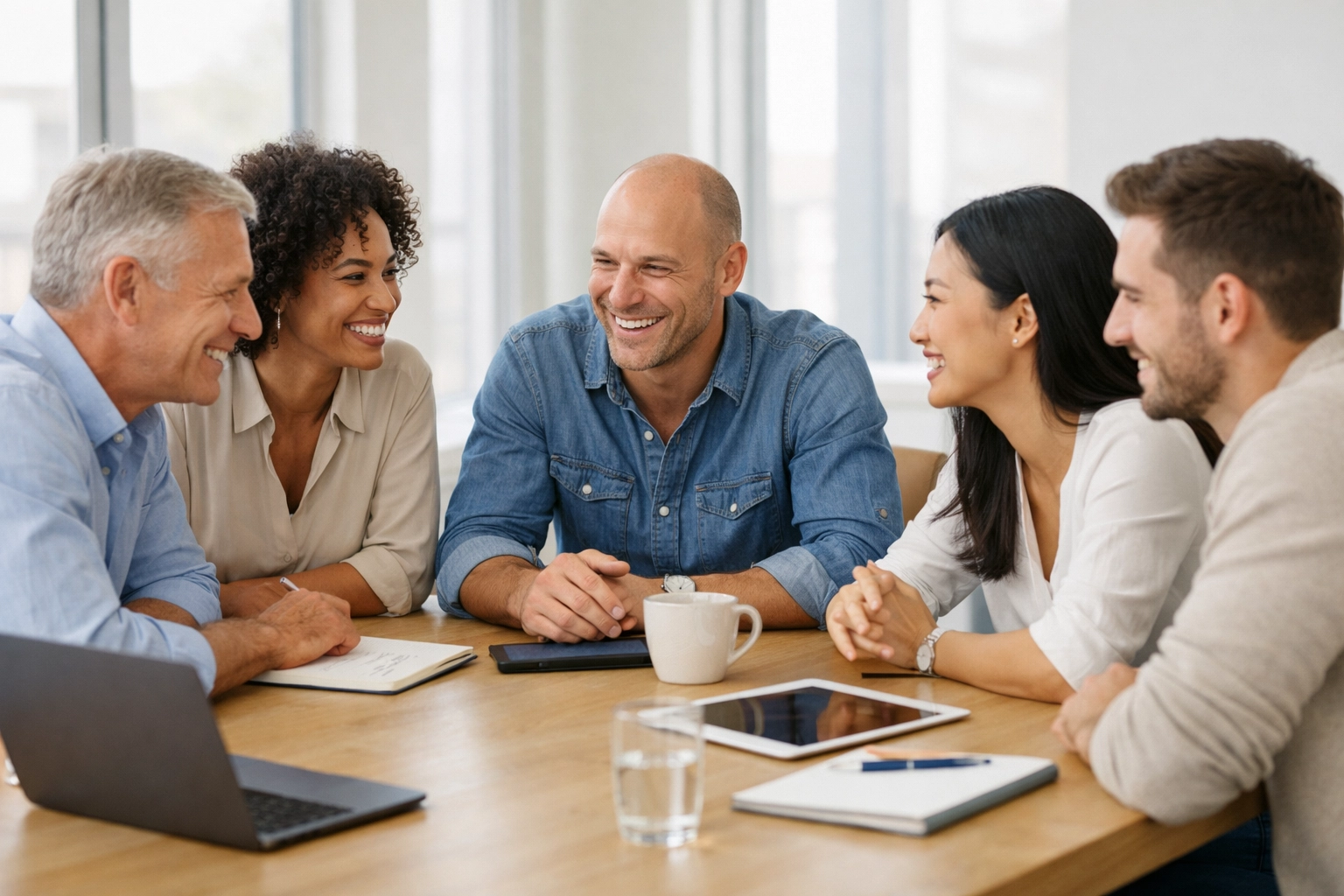 Diverse leadership team collaborating in conference room demonstrating authentic workplace trust and connection