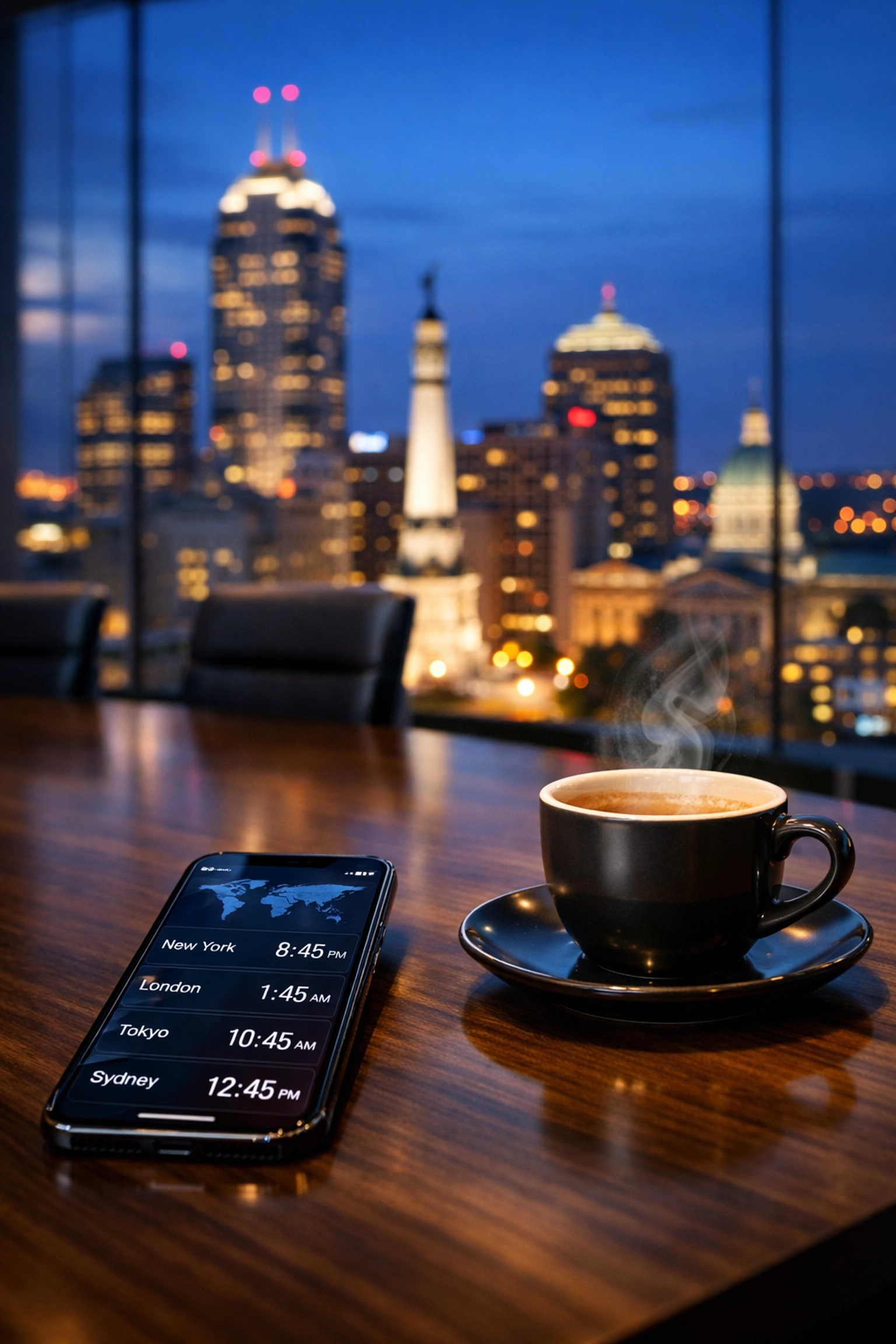 A world clock on a smartphone in a downtown Indianapolis office with a view of the city skyline.