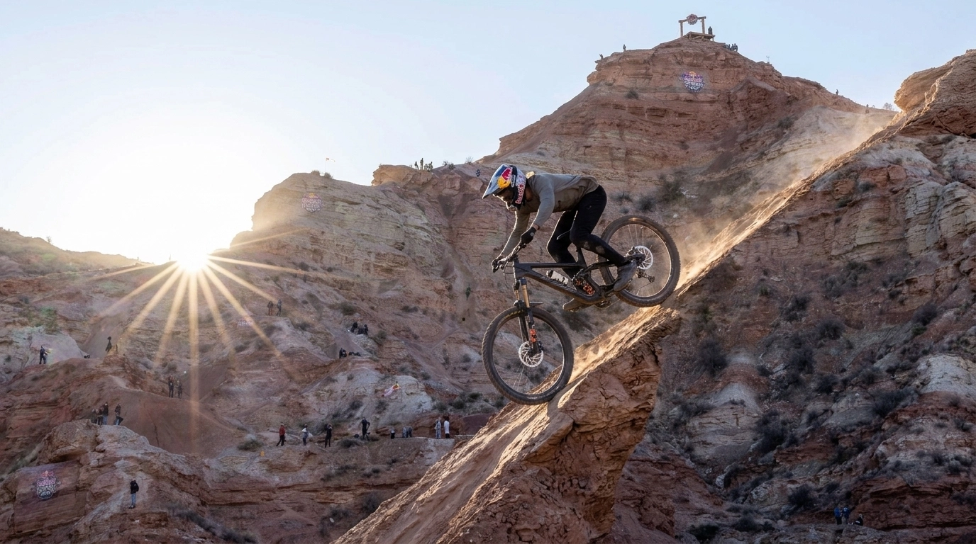A telephoto action shot of a mountain biker descending a razor-thin ridgeline, emphasizing the steep 50-degree slope and massive vertical drop.