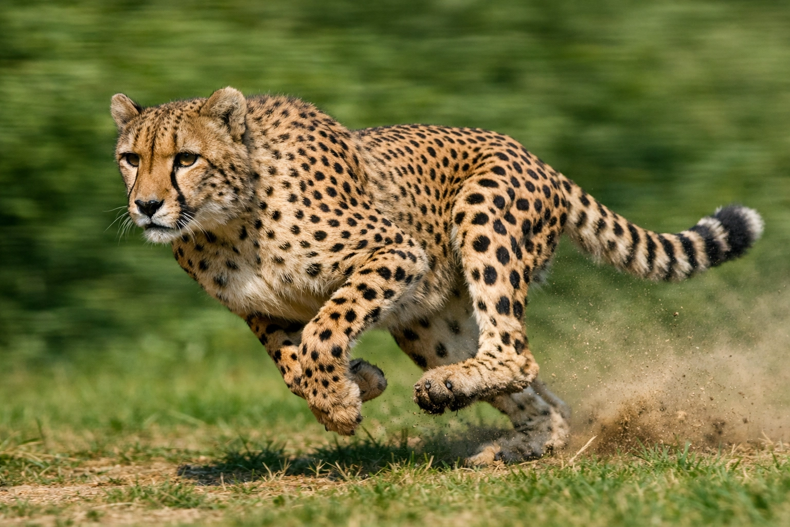 Action shot of a cheetah sprinting with sharp detail, illustrating fast shutter speed in zoo photography.