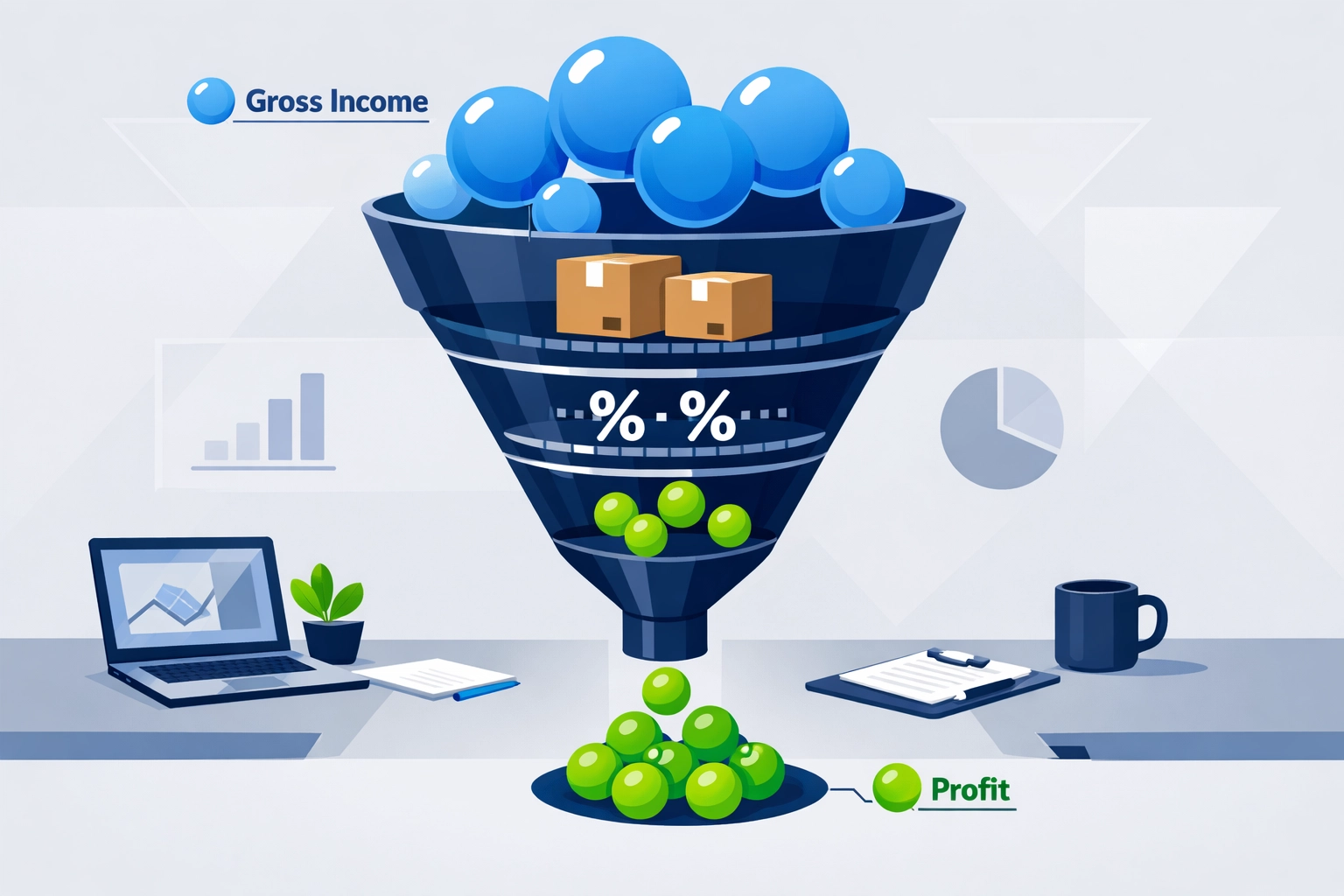 Illustration showing how 1099-K gross income becomes business profit through tax deductions.