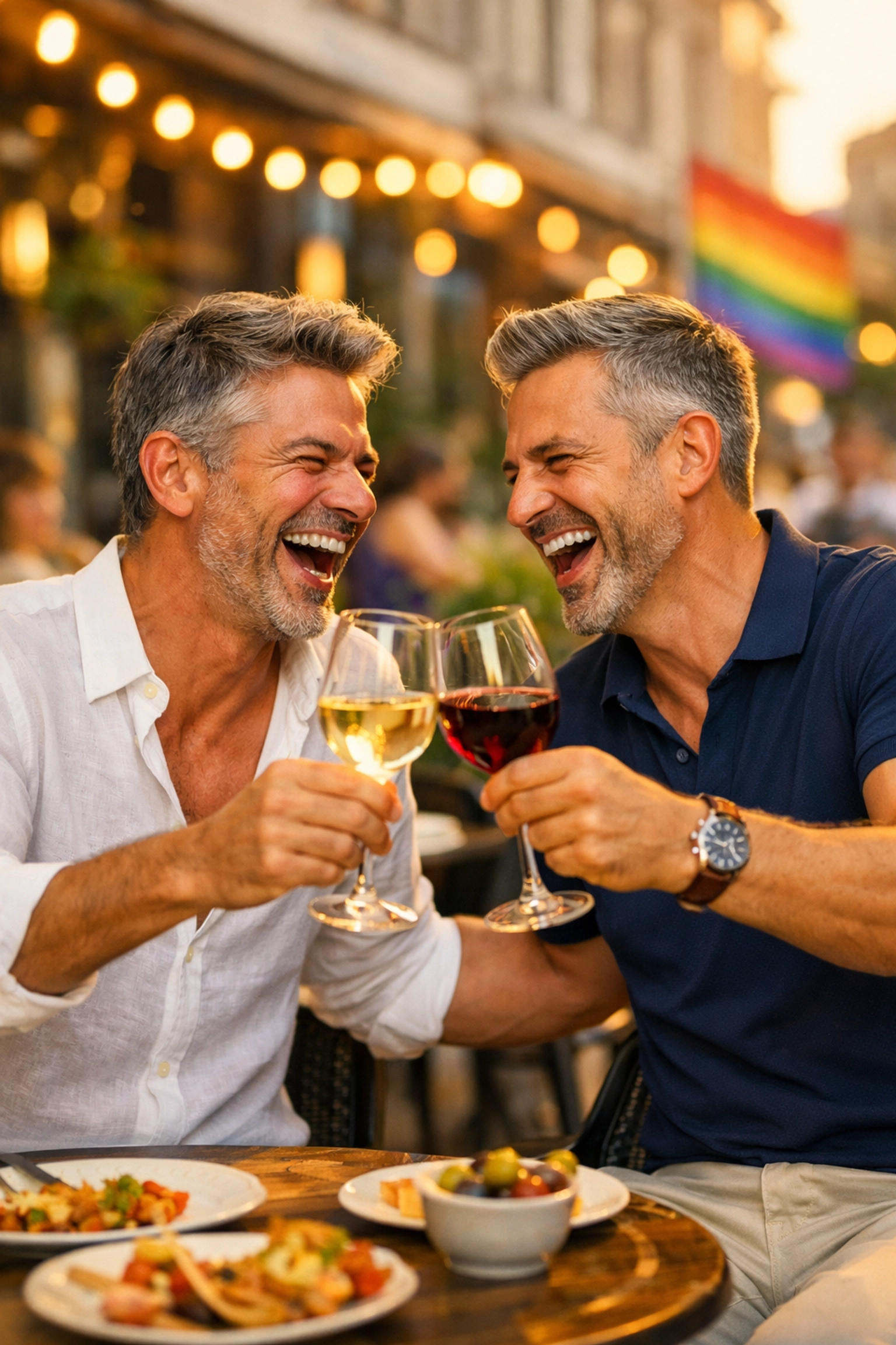Two happy gay men in their 40s sharing a toast at a cafe, embracing their second adolescence and authentic lives.