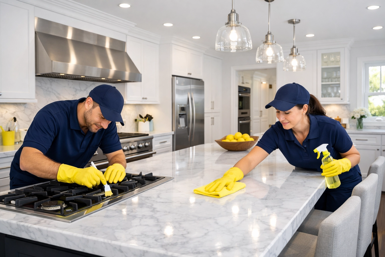 Professional team performing deep cleaning services near me in a modern Massachusetts kitchen.