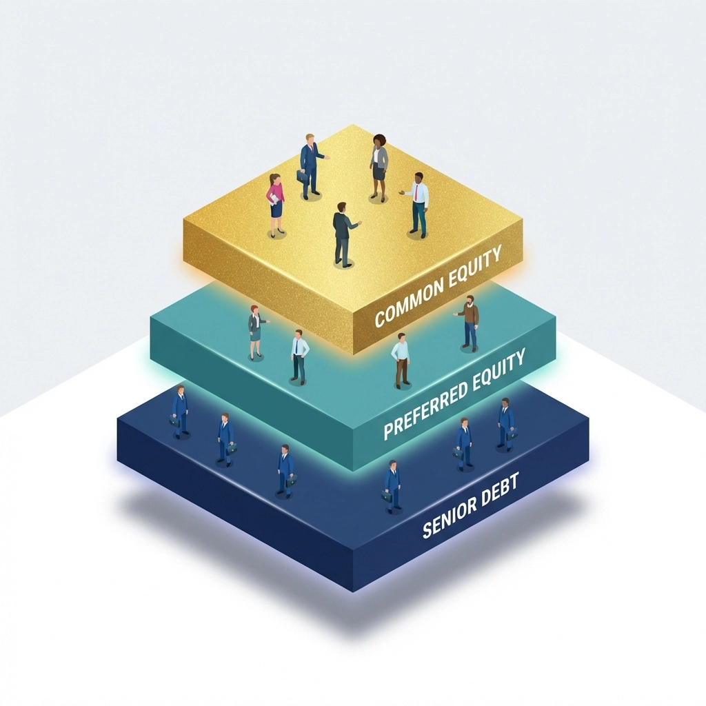 Visual explanation of investment capital stack, showing senior debt, preferred equity, and common equity tiers.