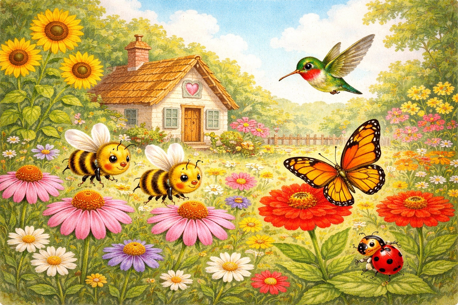 Bees, butterflies, hummingbirds, and beetles work together in a cottage garden full of colorful flowers.