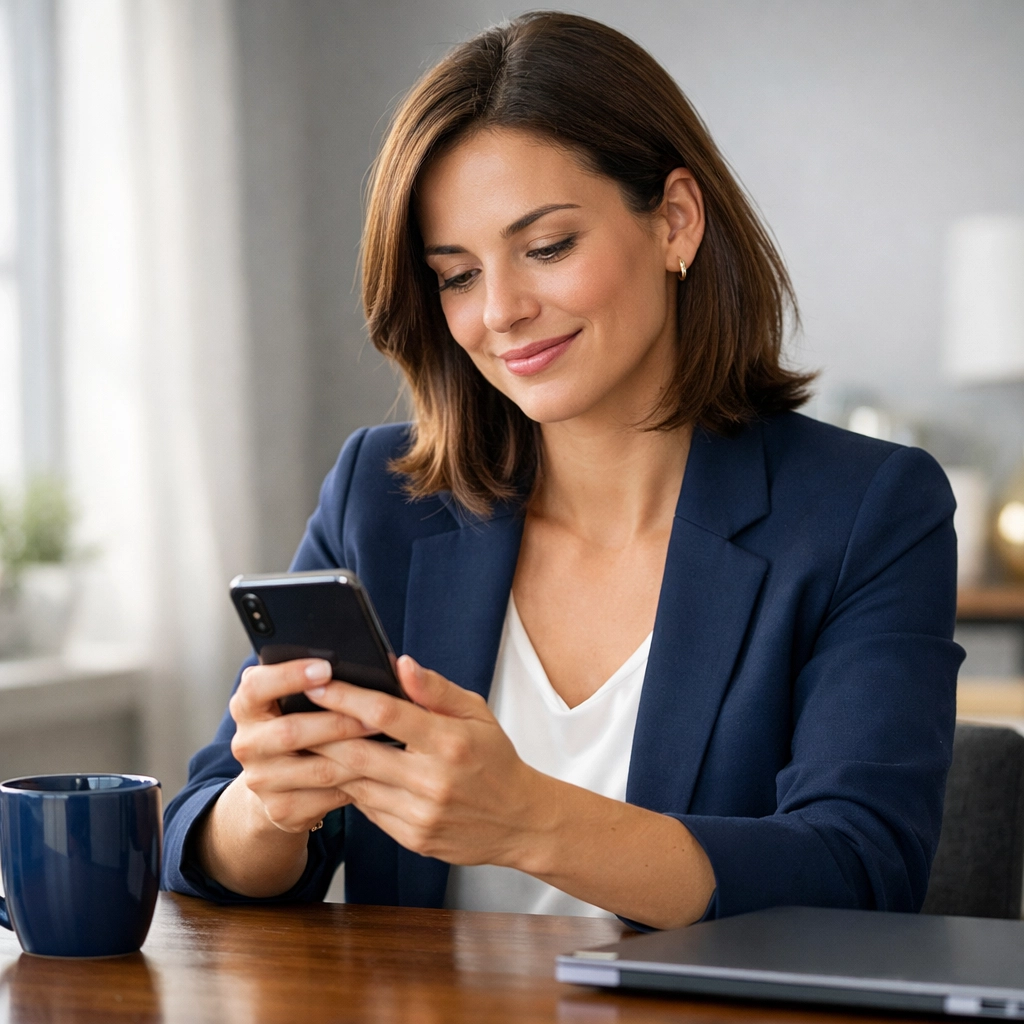 Relieved woman in a modern home office checking her phone for a fast online payday loan approval in Canada.