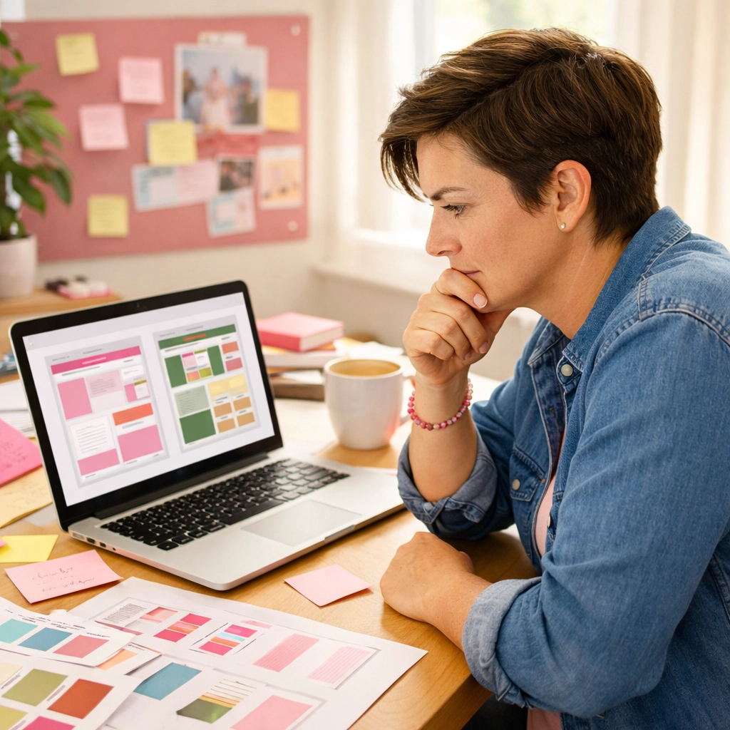 Small business owner evaluating design partner options at desk with laptop and samples